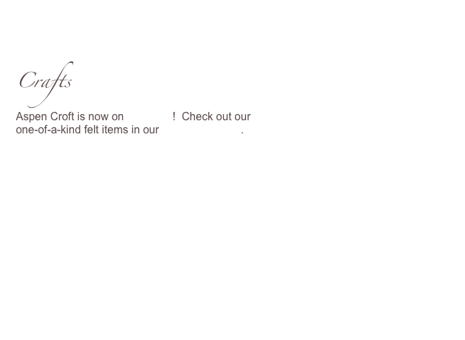 


Crafts
Aspen Croft is now on Etsy.com!  Check out our 
one-of-a-kind felt items in our on-line felt store. 



